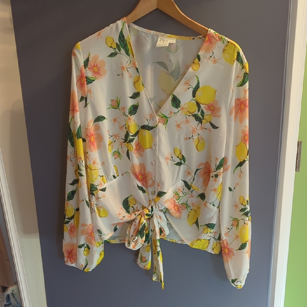 Adelyn Rae Cream Long Sleeve Wrap Blouse with Tie Front